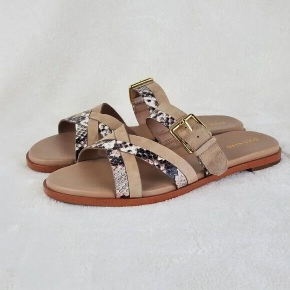 Cole Haan Python-Print Fairen Leather Strappy Buckle Slide Flat Sandals Size 8M